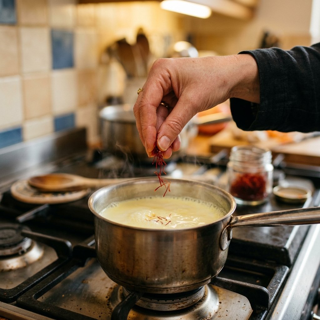 Adding saffron strands to warm milk for kesar doodh