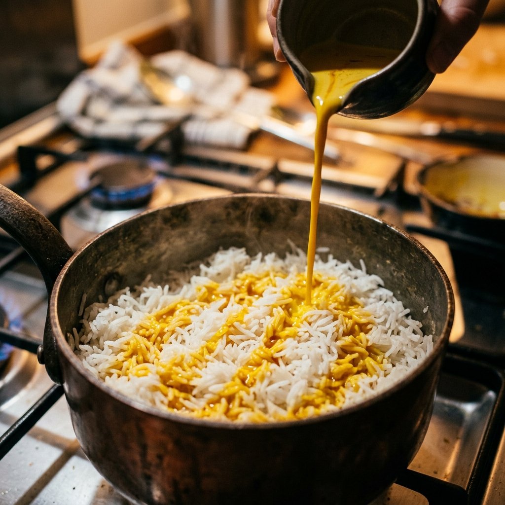 Drizzling bloomed saffron milk over layered biryani rice