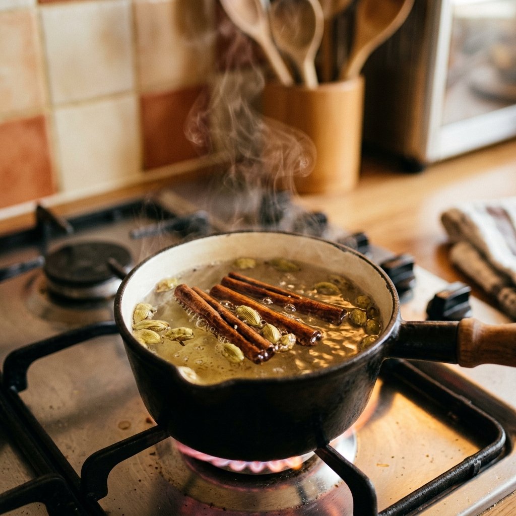 Saucepan with clear simmering water and whole spices