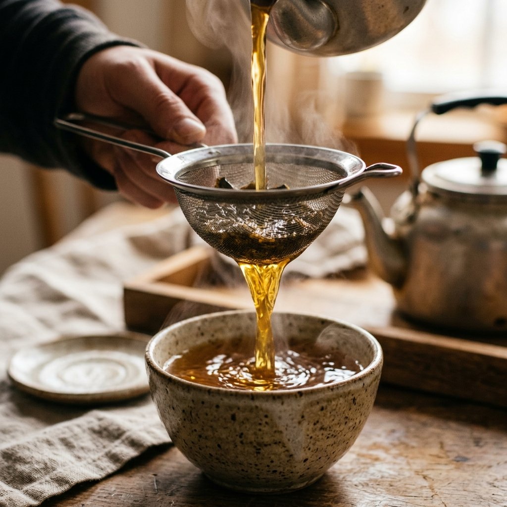 Golden tea being poured through a strainer