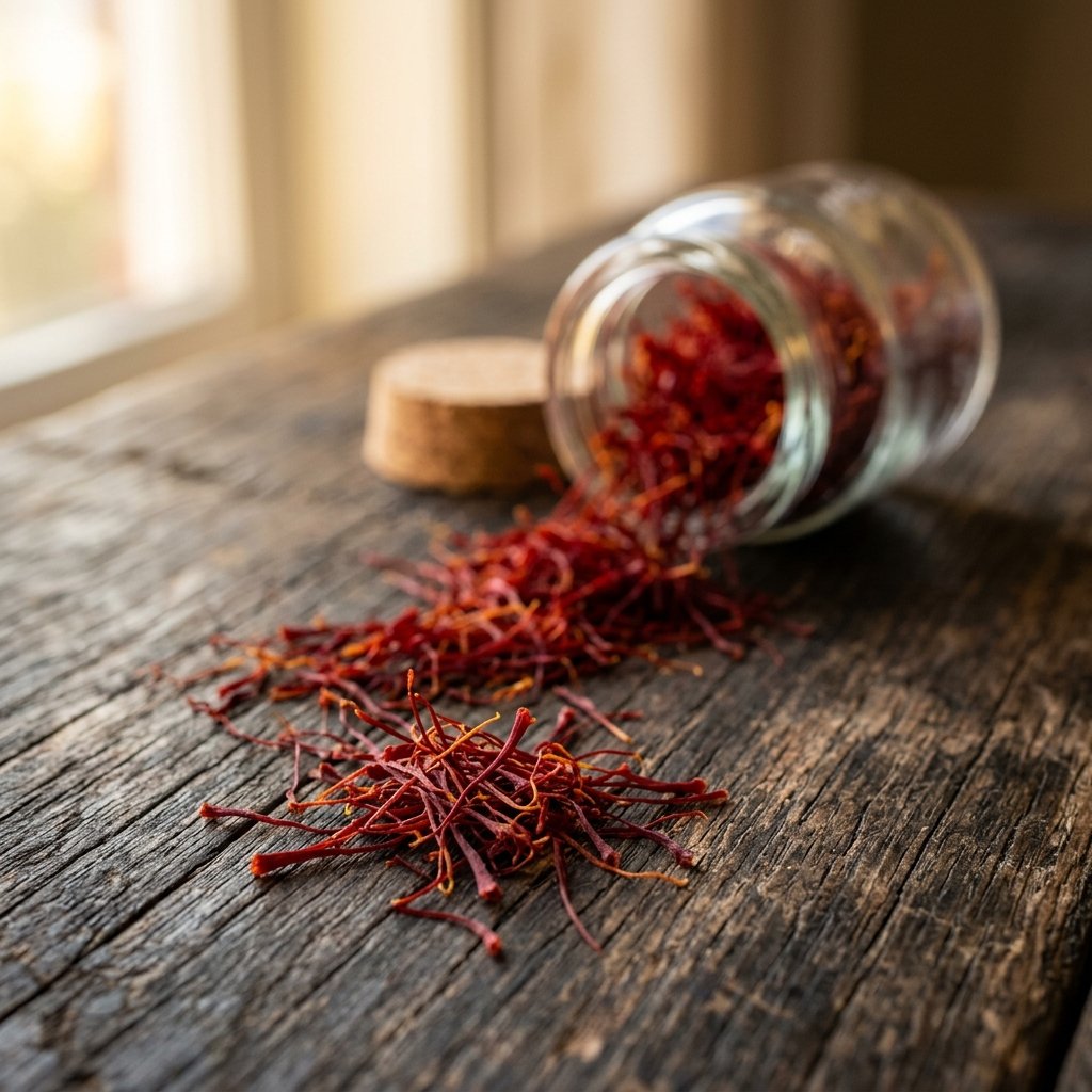 Close-up of authentic Kashmiri saffron threads in a glass jar