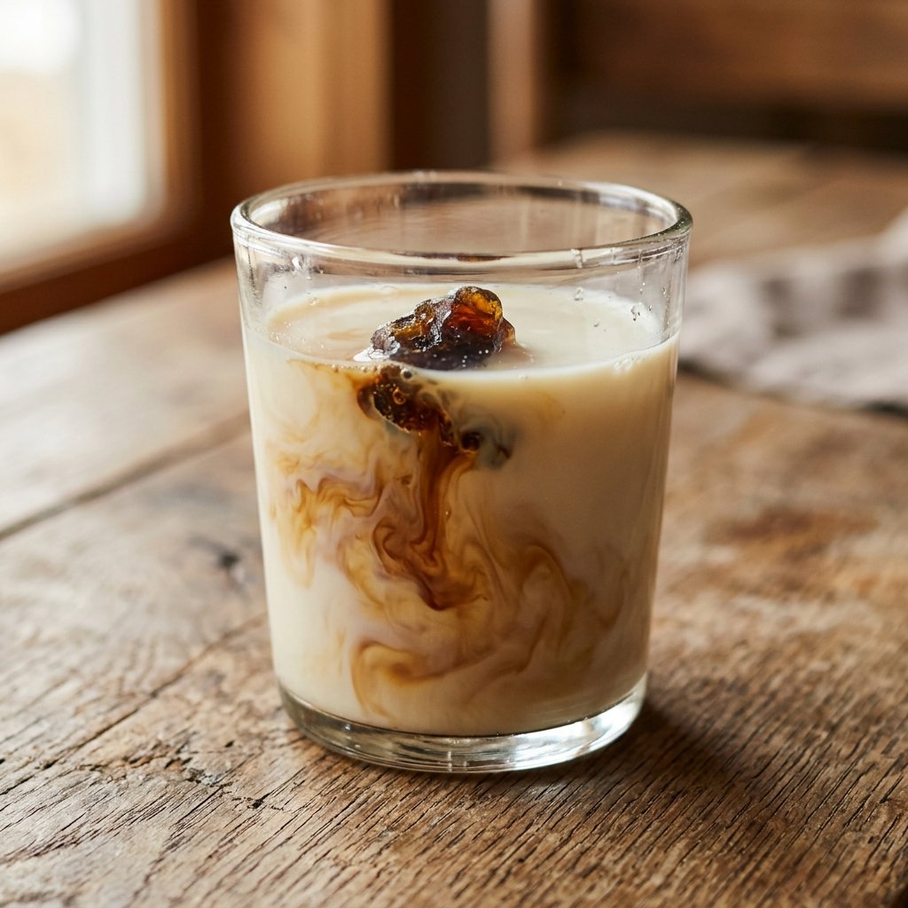 Steaming cup of warm milk with shilajit resin